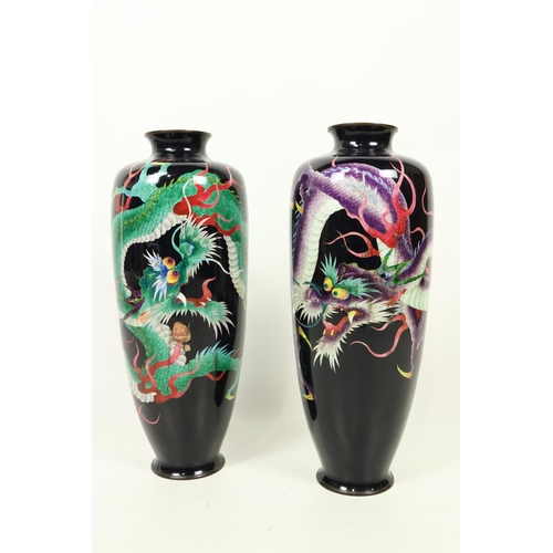 289 - A pair of large attractive 19th Century Japanese cloisonné tall Vases, each on dark blue ground with... 