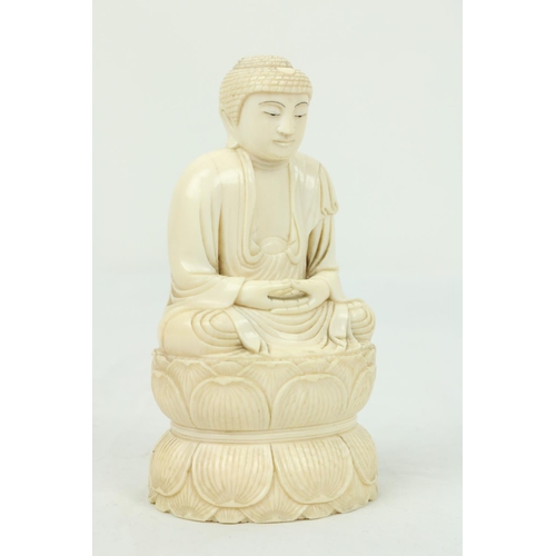 296 - WITHDRAWNA 19th Century carved ivory Figure, modelled as a seated Buddha in prayer, with lotus leaf ... 