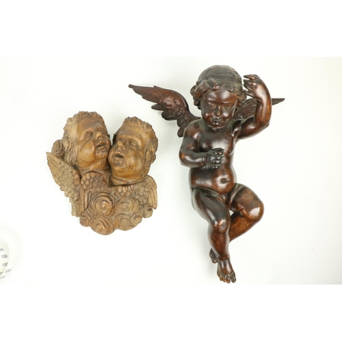 368 - A large 19th Century carved wooden Cherub Wall Applique, with two wings, 22