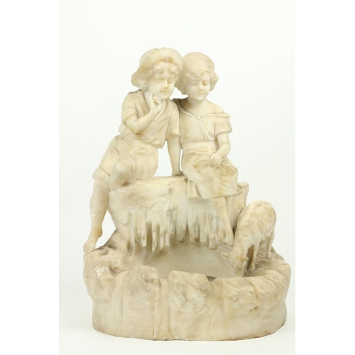 405 - A. CiprianiA white marble Group, modelled with young boy and girl with lamb by a fountain, 16