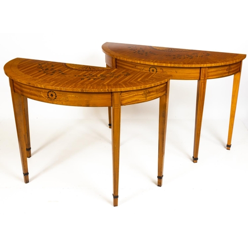 87 - A fine pair of George III style satinwood and marquetry demi-lune Side Tables, each with a central f... 