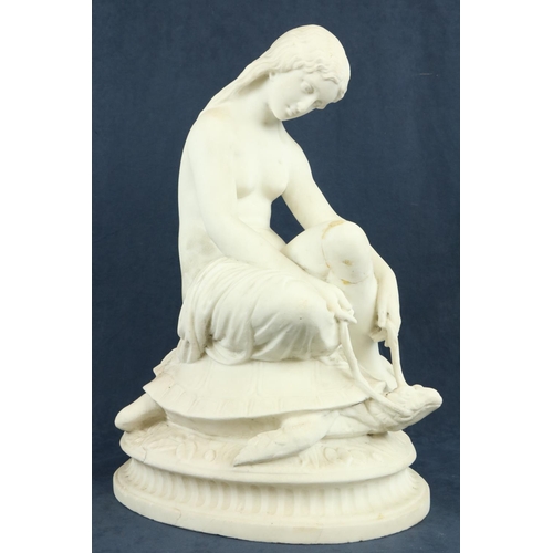 97 - A 19th Century carved marble Group, a semi-nude Woman seated on a tortoise on oval base, 20