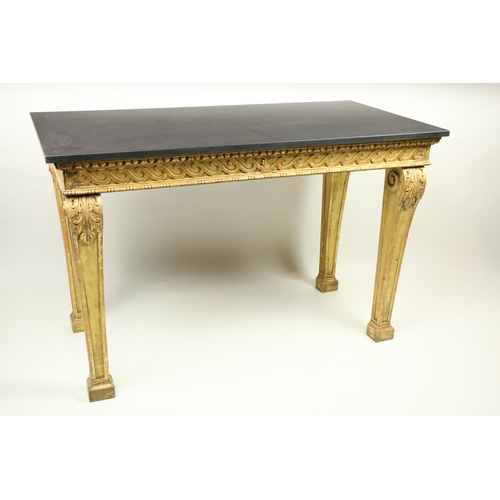 99 - A fine pair of William Kent style carved giltwood Console Tables, each with a Vitruvian scroll carve... 