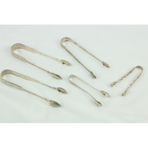 697 - A bright cut silver Sugar Tongs, two similar plain ditto, and two smaller ditto. (5)... 