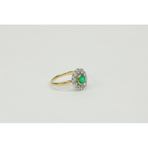 783 - An attractive 18ct gold Ring, with ten diamonds surrounding central green stone (possibly emerald). ... 