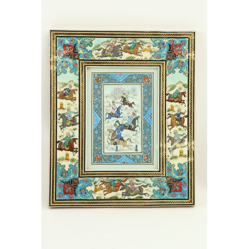 848 - An Indian Hunting Scene, with figures on horse, on paper, in colourful mica frame with hunting scene... 