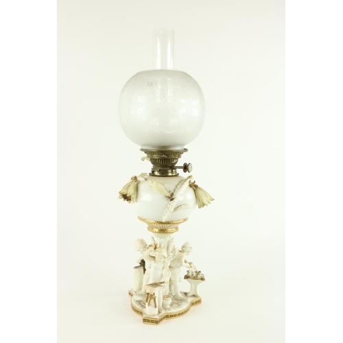 921 - A fine 19th Century Moore Brothers Oil Lamp, the reservoir encrusted with flowering cacti, the ... 