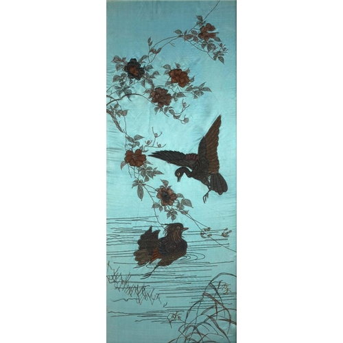 1200 - Two attractive 19th Century embroidered Japanese Wall Hangings, each with exotic birds on sky blue b... 