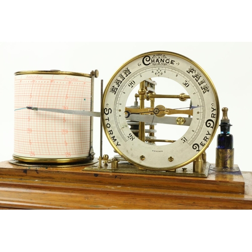 123 - A very good oak cased Barograph, with manual silverised dial inside a cover with five bevelled glass... 