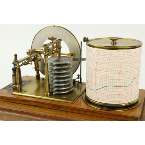 123 - A very good oak cased Barograph, with manual silverised dial inside a cover with five bevelled glass... 