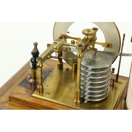 123 - A very good oak cased Barograph, with manual silverised dial inside a cover with five bevelled glass... 