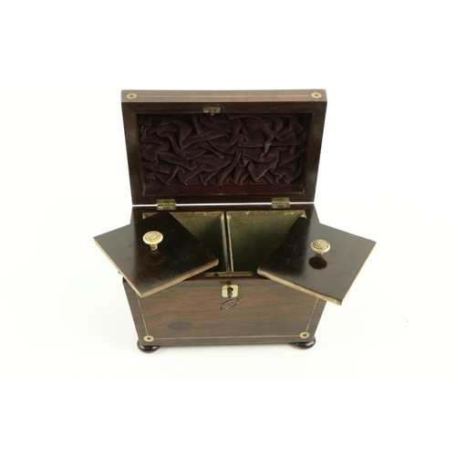 124 - A small William IV period mother-o-pearl inlaid rosewood Tea Caddy, of casket form on four bun feet,... 