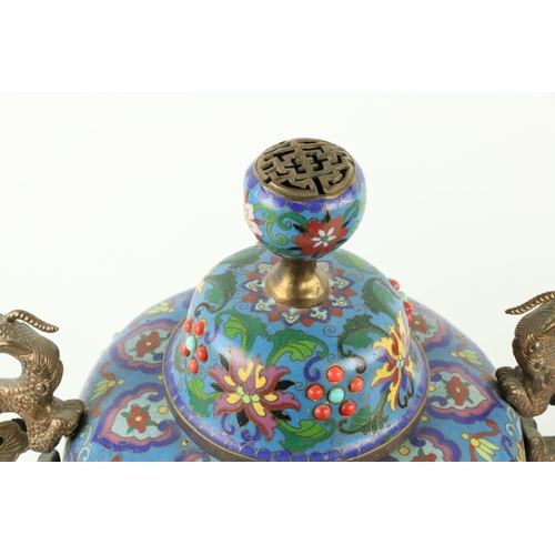 132 - A pair of 19th Century Chinese cloisonné dragon handled blue ground and floral decorated... 