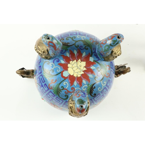 132 - A pair of 19th Century Chinese cloisonné dragon handled blue ground and floral decorated... 