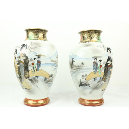 169 - A pair of attractive Japanese Satsuma bulbous Vases, each depicting Geisha Girls in typical attire s... 