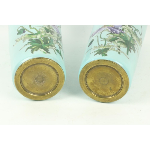 171 - A very attractive pair of Japanese sky blue ground cloisonné enamel Vases, with colourful flowers, 1... 