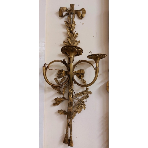 207 - A pair of cast brass three branch Wall Lights, in the Adams style with ribbon bows, leaf sprays and ... 