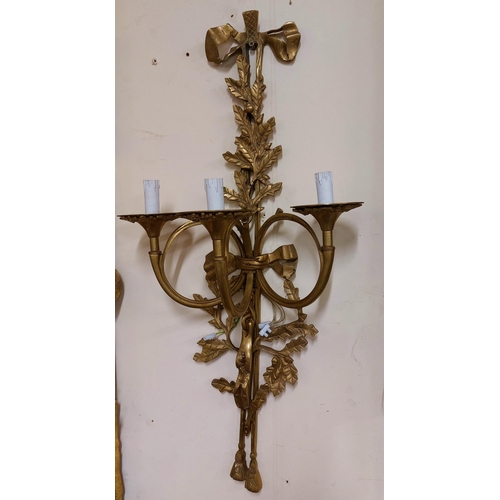 207 - A pair of cast brass three branch Wall Lights, in the Adams style with ribbon bows, leaf sprays and ... 