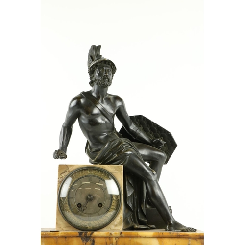 214 - A French Empire period bronze and marble Mantle Clock, the top surmounted by a gladiator seated on a... 