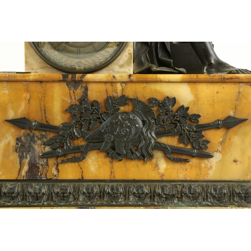 214 - A French Empire period bronze and marble Mantle Clock, the top surmounted by a gladiator seated on a... 