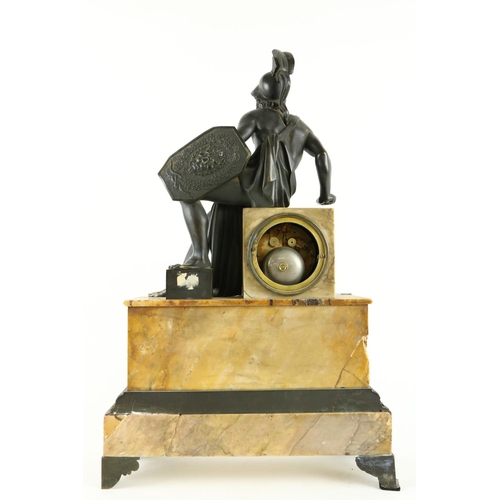 214 - A French Empire period bronze and marble Mantle Clock, the top surmounted by a gladiator seated on a... 