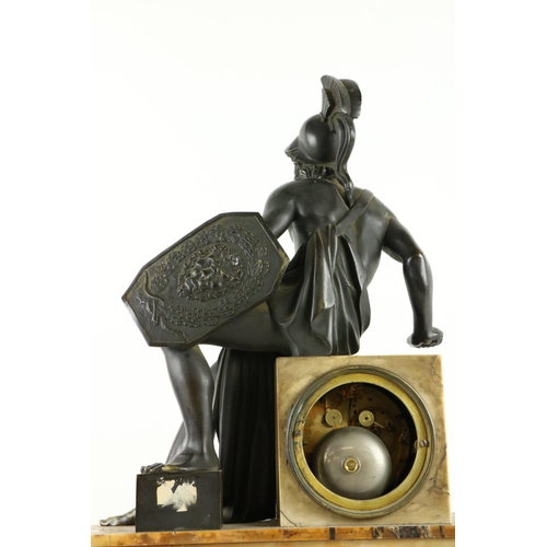 214 - A French Empire period bronze and marble Mantle Clock, the top surmounted by a gladiator seated on a... 