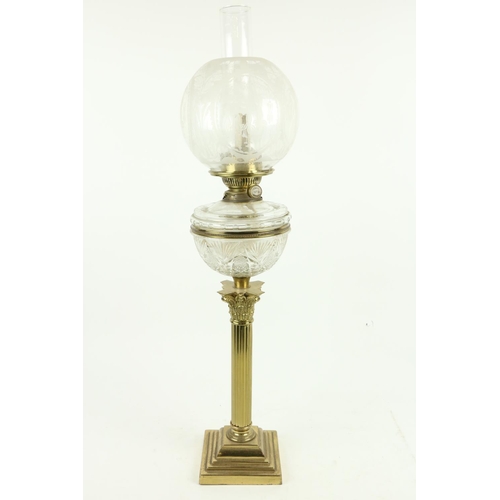 246 - A very fine late 19th Century Corinthian brass Oil Lamp, with reeded column on square stepped base s... 