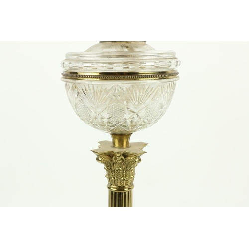 246 - A very fine late 19th Century Corinthian brass Oil Lamp, with reeded column on square stepped base s... 