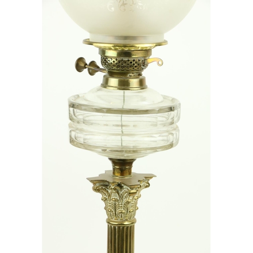 247 - A brass Oil Lamp, late 19th Century, with reeded stem and Corinthian capital on square stepped base ... 