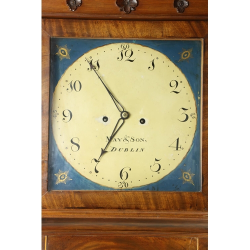 251 - An Irish Georgian period mahogany framed Grandfather Clock, the break top cornice with finial surmou... 