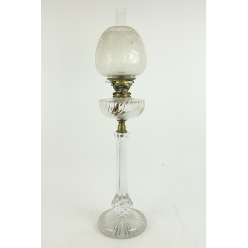 270 - An unusual cutglass Oil Lamp, with baluster shaped facet cut stem and reeded glass reservoir support... 