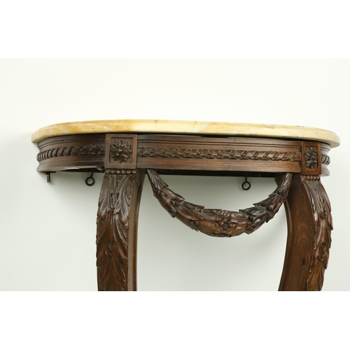 274 - A carved walnut demi-lune Console Table, with ribbon moulded frieze and hanging leaf swags on two le... 