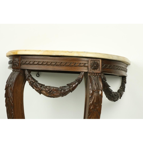 274 - A carved walnut demi-lune Console Table, with ribbon moulded frieze and hanging leaf swags on two le... 