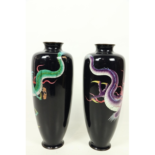 289 - A pair of large attractive 19th Century Japanese cloisonné tall Vases, each on dark blue ground with... 