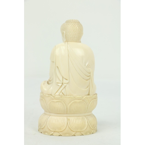 296 - WITHDRAWNA 19th Century carved ivory Figure, modelled as a seated Buddha in prayer, with lotus leaf ... 