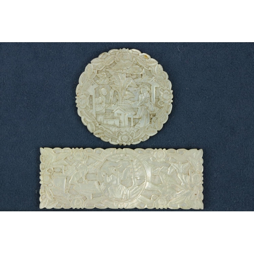 297 - A set of four Chinese mother-o-pearl heavily carved and intricately designed Tokens, of circular and... 