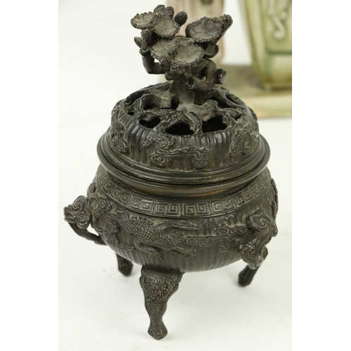 309 - A Japanese bronze Censor and cover, with bonsai finial, Meiji period, with a Greek key and on three ... 