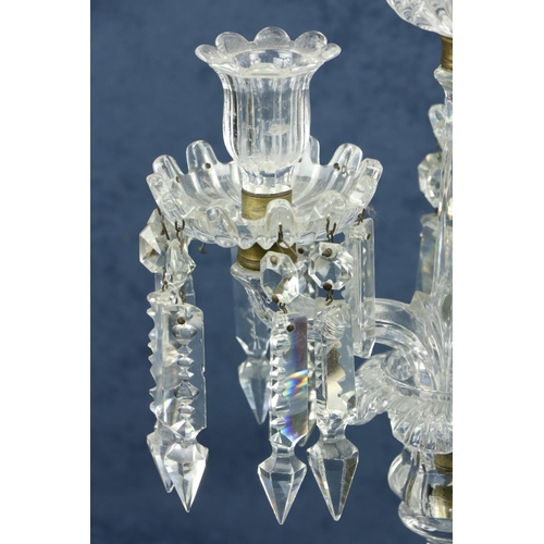 342 - A pair of 19th Century glass Table Candelabra, one with three arms and lustre drops and obelisk fini... 