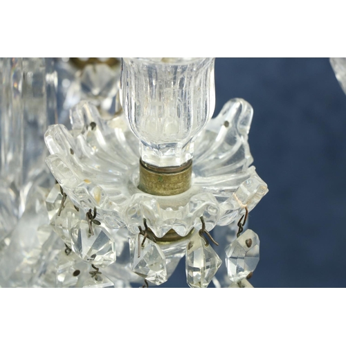 342 - A pair of 19th Century glass Table Candelabra, one with three arms and lustre drops and obelisk fini... 