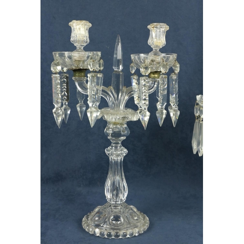 343 - A good quality cut-glass two branch Table Chandelier, with centre glass obelisk and lustre drops, 19... 