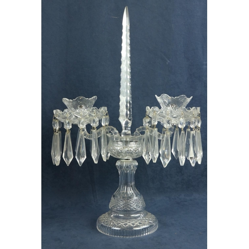 343 - A good quality cut-glass two branch Table Chandelier, with centre glass obelisk and lustre drops, 19... 