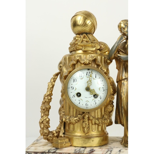 355 - A 19th Century French ormolu Mantle Clock, depicting a young girl with book in hand resting against ... 