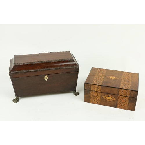 357 - A late Regency period mahogany Tea Caddy, with three compartment interior, of casket form with lion ... 