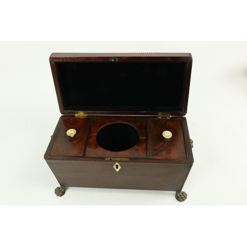 357 - A late Regency period mahogany Tea Caddy, with three compartment interior, of casket form with lion ... 