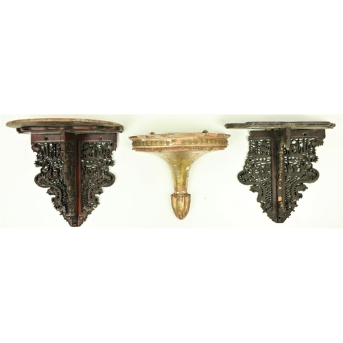 358 - A rare pair of carved and pierced Chinese cherrywood Wall Brackets, (one as is) each carved with fig... 