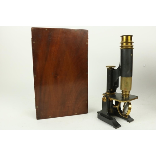 365 - A late 19th Century brass monocular Microscope, in fitted mahogany case, 13