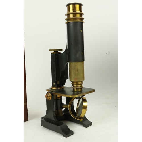 365 - A late 19th Century brass monocular Microscope, in fitted mahogany case, 13