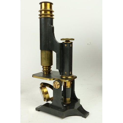 365 - A late 19th Century brass monocular Microscope, in fitted mahogany case, 13