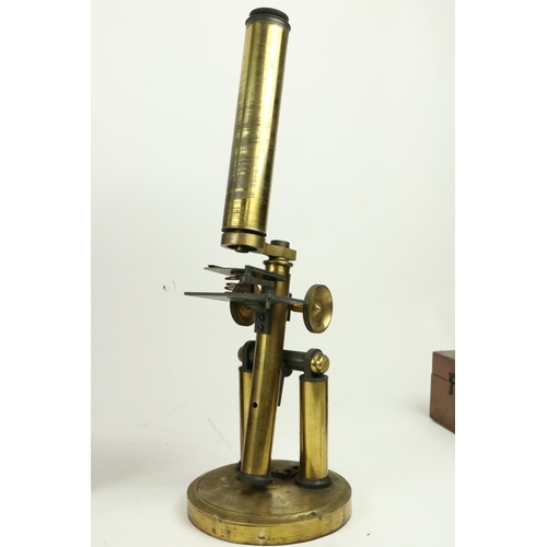 365 - A late 19th Century brass monocular Microscope, in fitted mahogany case, 13