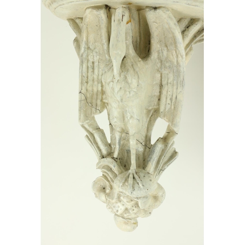 371 - A pair of unusual moulded plaster Wall Brackets, each with a demi-lune shelf supported by a stork, 1... 